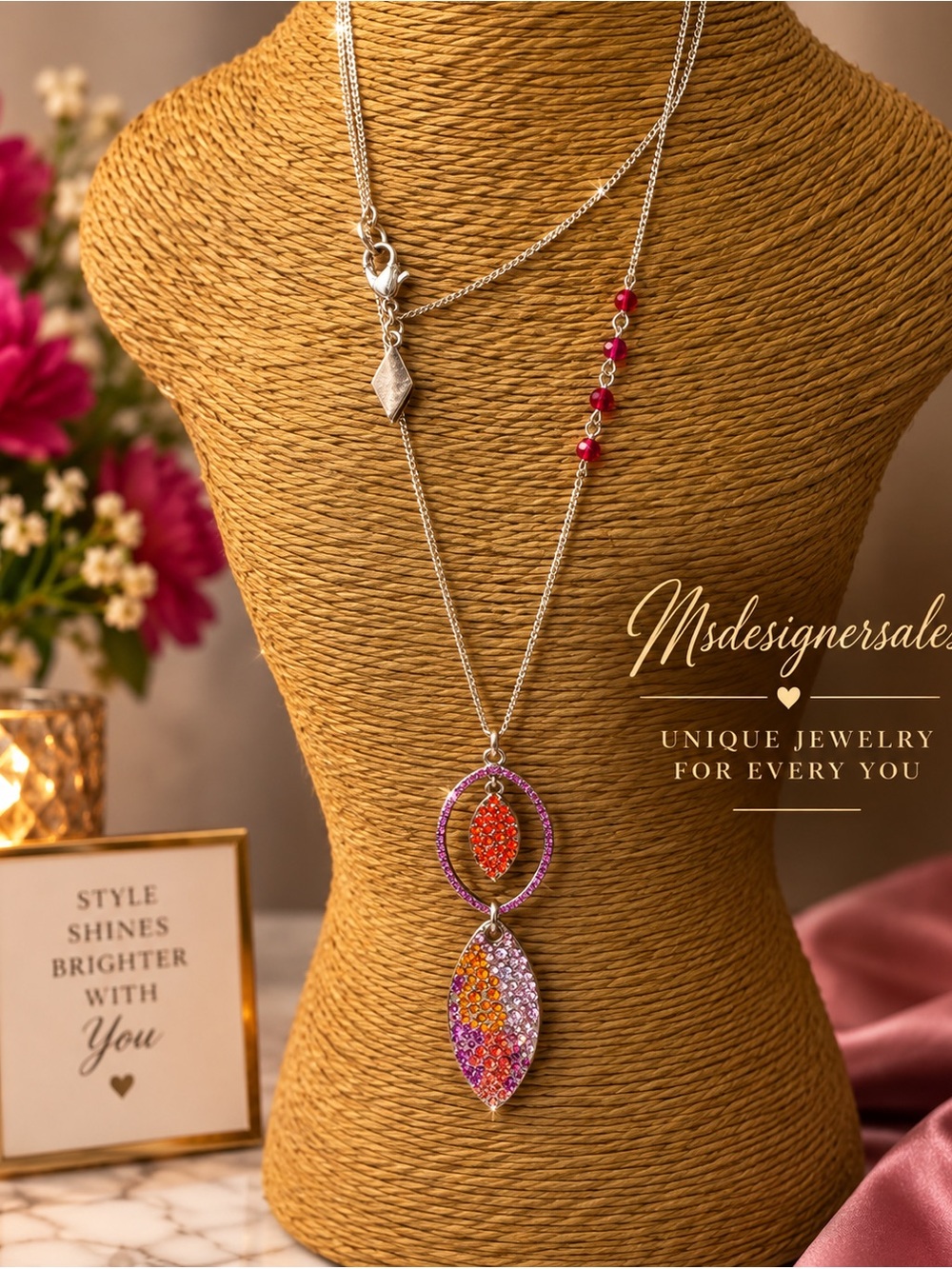 Pink and Orange Crystal Pendant Necklace